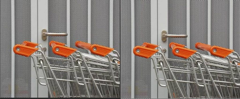 Links hochskaliertes, verpixeltes Bild, rechts Originalausschnitt