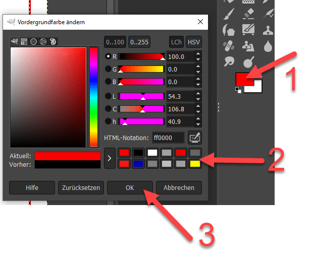 Linien und Rahmen zeichnen mit GIMP Farbe wechseln