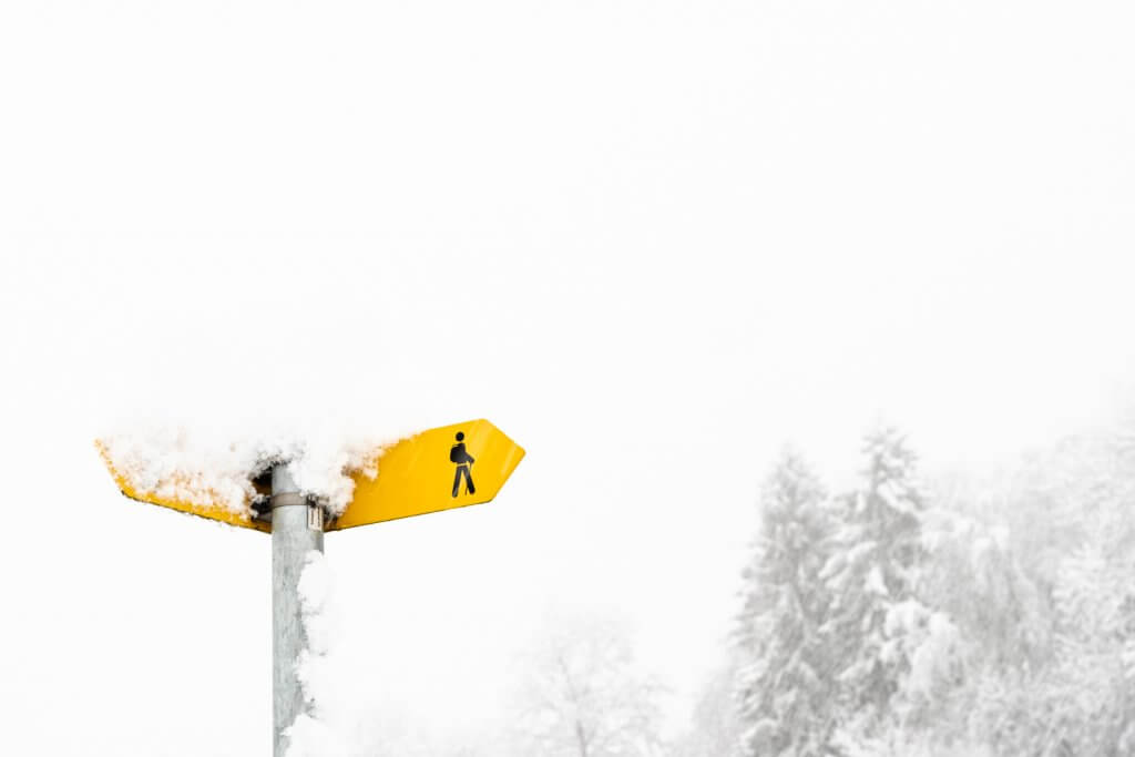 Wegweiser im Schneesturm
