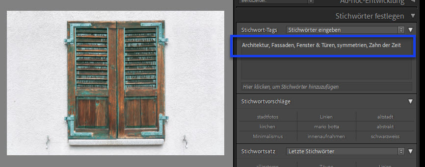 Stichwörter und Tags in Lightroom vergeben Foto in Lightroom mit mehreren Stichwörtern versehen