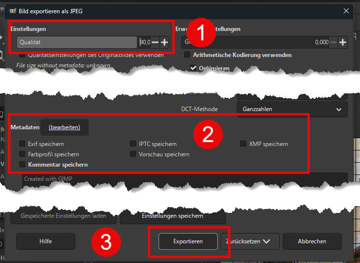 Bild exportieren in Gimp Einstellungen