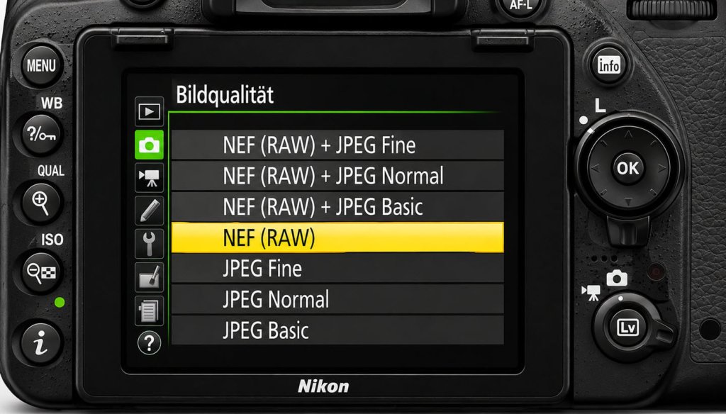 Nikon-Kameramenü zur Auswahl der Bildqualität mit NEF RAW und JPEG Fine, Normal und Basic Nikon-Kameramenü zur Auswahl der Bildqualität mit NEF RAW und JPEG Fine, Normal und Basic