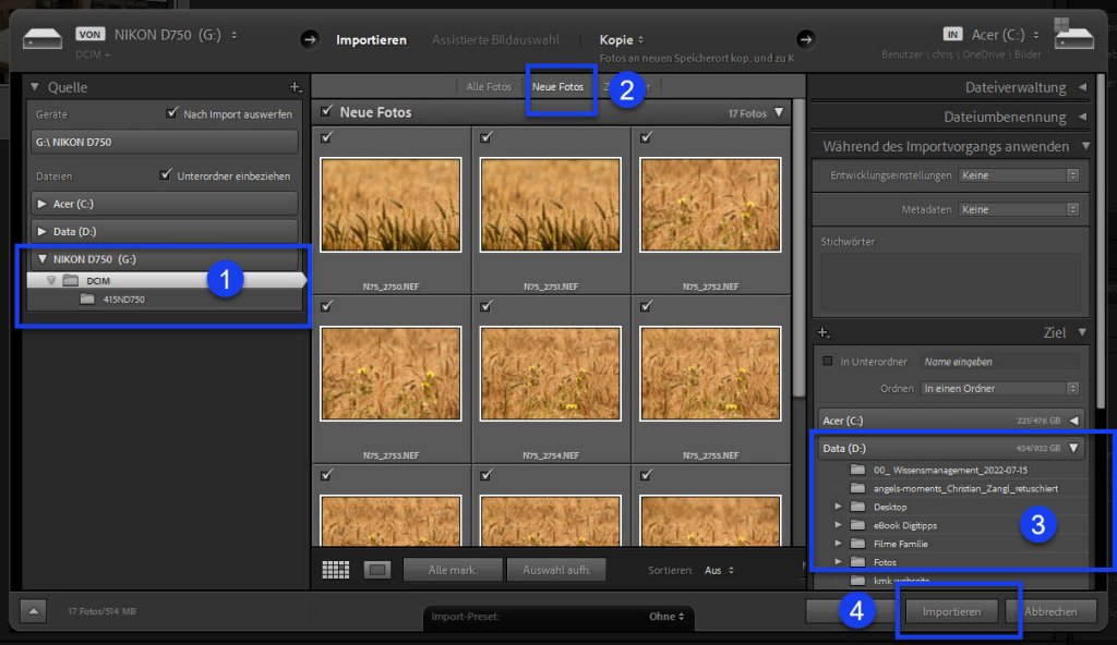 Fotos in Lightroom importieren – digitaler Workflow Fotos von Kamera oder Speicherkarte in Lightroom importieren