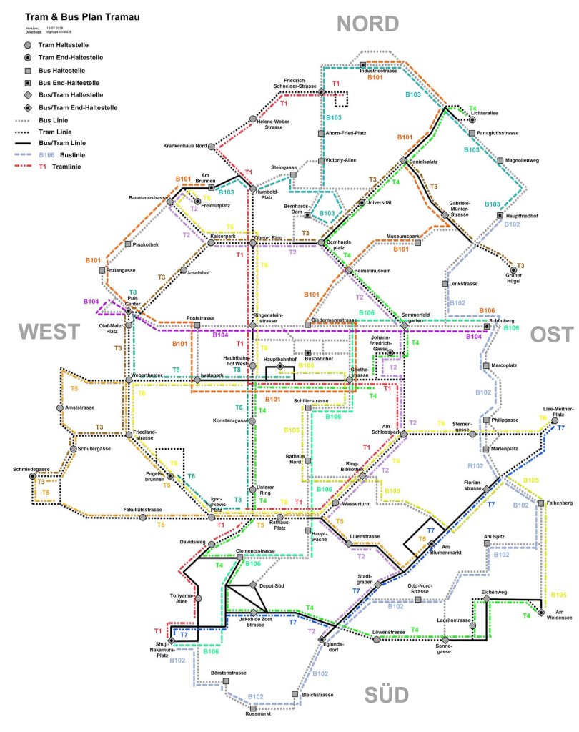 City Transport Simulator Map – geplantes Tram- und Busnetz Beispiel-Liniennetz für City Transport Simulator 2026 mit Tram und Bus