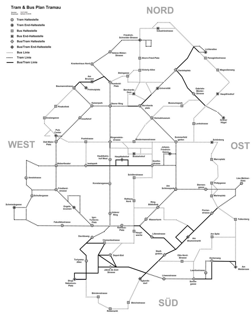 Tramau-Map und vollständiges Liniennetz für Tram und Bus City Transport Simulator 2026 Map mit Tram- und Busstrecken in Tramau