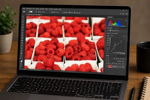 Laptop mit geöffnetem Bildbearbeitungsprogramm und Foto von Himbeerschalen auf einem Markt