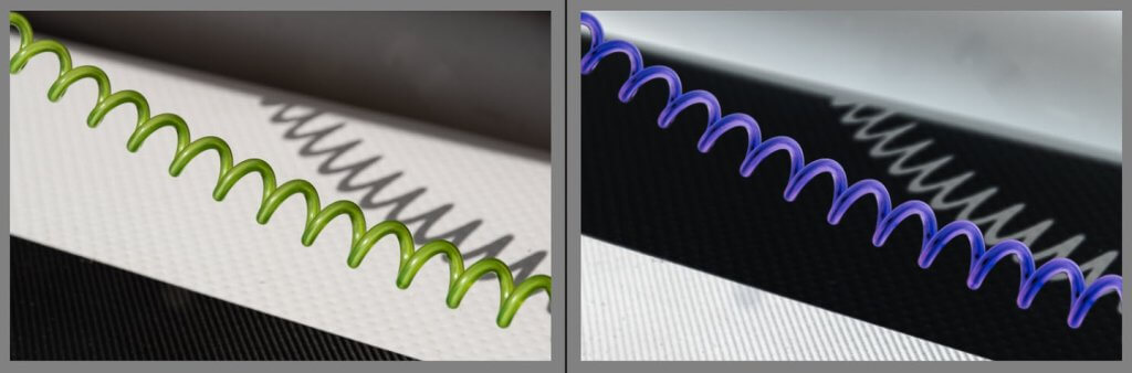 Detailmotiv mit Farbvertauschung im Negativ-Effekt Grüne Spiralfeder mit Negativ-Effekt auf dem Smartphone fotografiert
