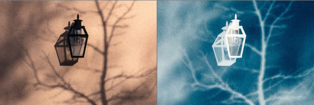 Licht und Schatten als Motiv für Negativbilder Laterne und Baumschatten im Negativ-Effekt