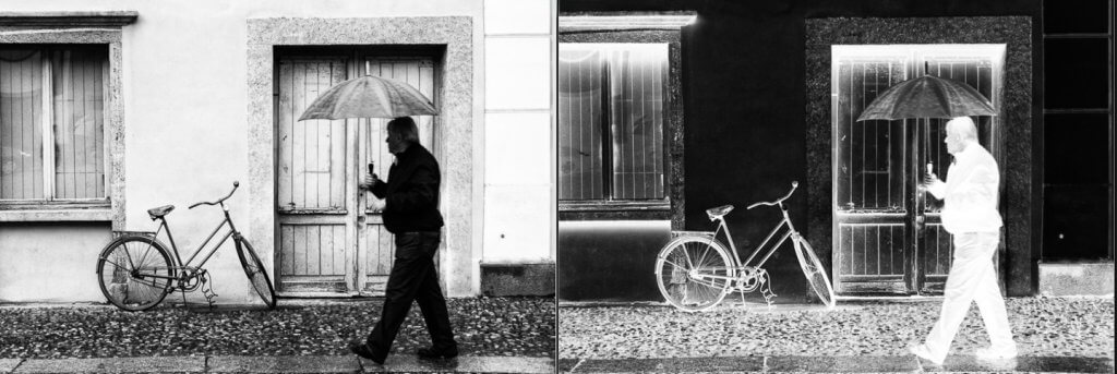 Helligkeiten im Schwarzweiss-Negativ Schwarzweissbild und Schwarzweiss-Negativ im Vergleich