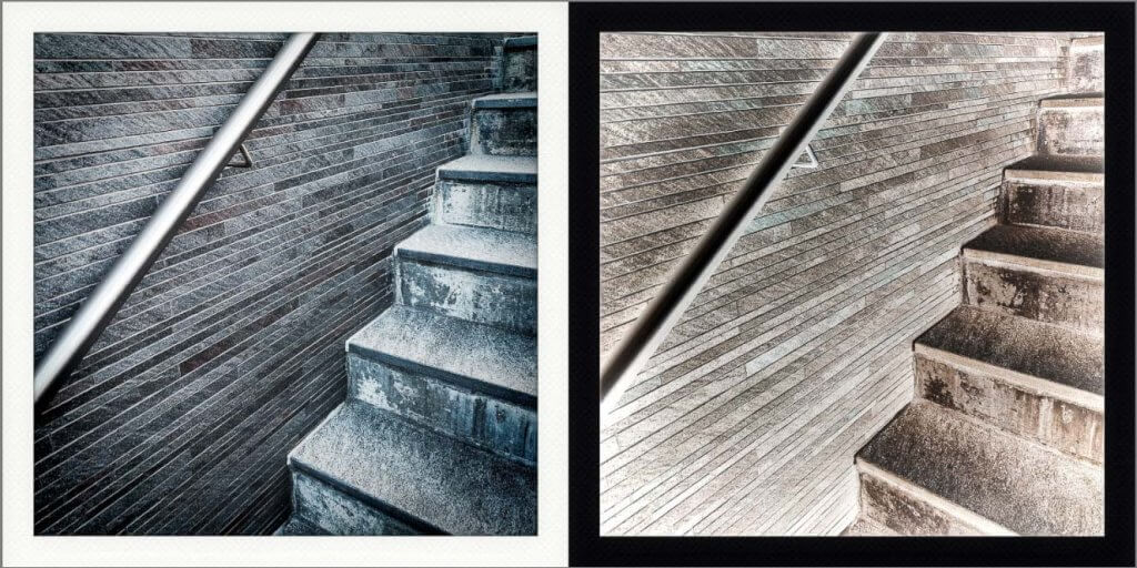 Originalfoto und Negativbild im direkten Vergleich Treppenaufgang im Vergleich zwischen Originalbild und Negativ-Effekt