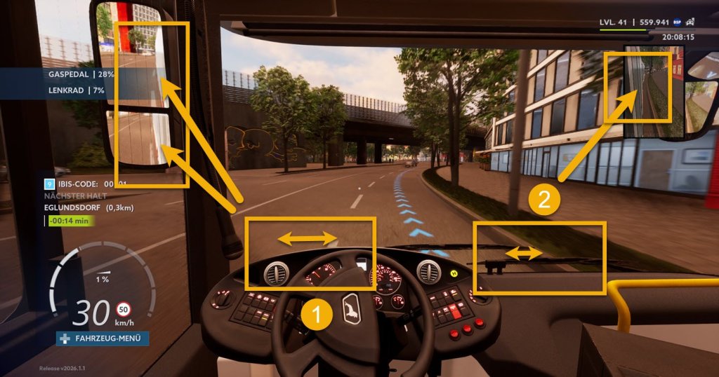 City Transport Simulator – Lenkhilfe in einer Rechtskurve Orientierungspunkte beim Lenken eines Gelenkbusses