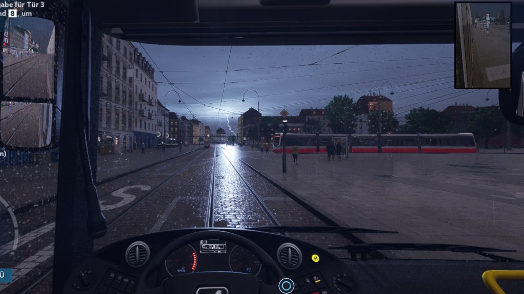 Dynamisches Gewitter am Hauptbahnhof in Tramau – City Transport Simulator 2026 City Transport Simulator 2026: Gewitter am Hauptbahnhof in Tramau aus Sicht des Busfahrers