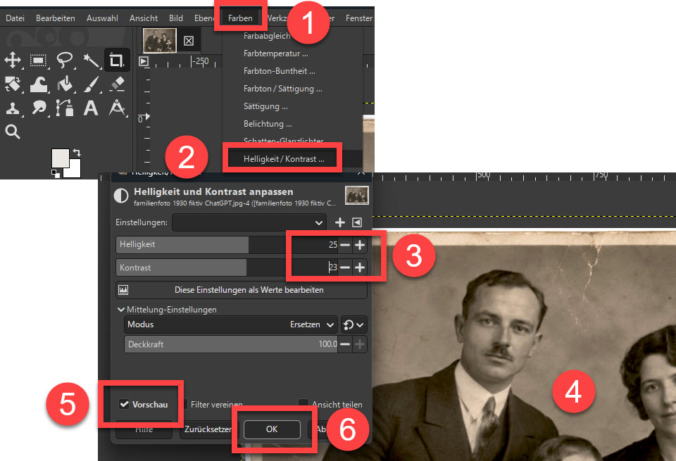 Helligkeit und Kontrast in GIMP anpassen Helligkeit und Kontrast eines gescannten Fotos in GIMP anpassen