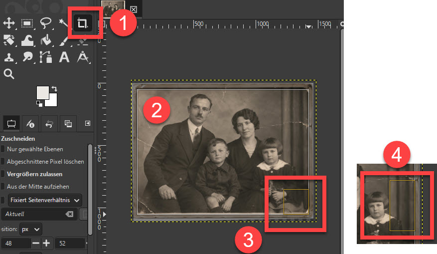 Gescanntes Foto in GIMP zuschneiden Gescanntes Foto mit dem Zuschneiden-Werkzeug in GIMP zuschneiden